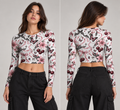 Cherry & Butterfly AOP Crop Top for Women | Floral Full-Sleeve Crop Top