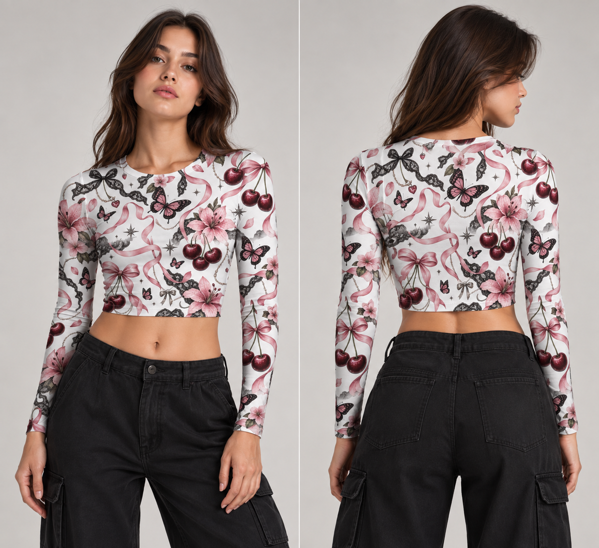 Cherry & Butterfly AOP Crop Top for Women | Floral Full-Sleeve Crop Top