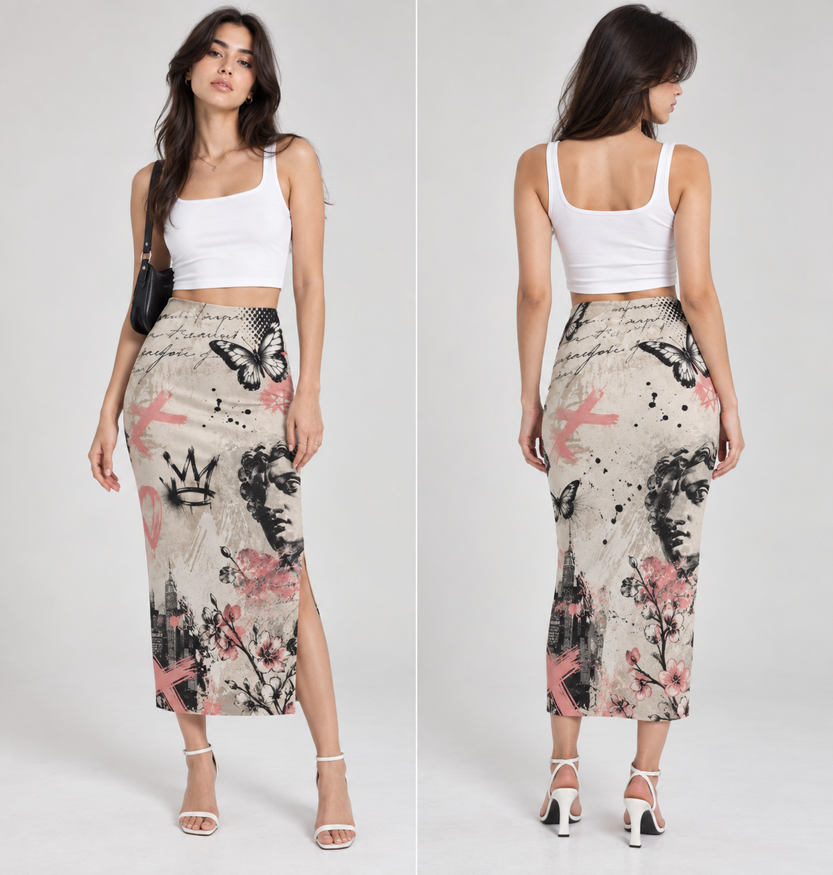 Women’s Graffiti Floral Pencil Skirt – Vintage Art Print AOP Streetwear Skirt